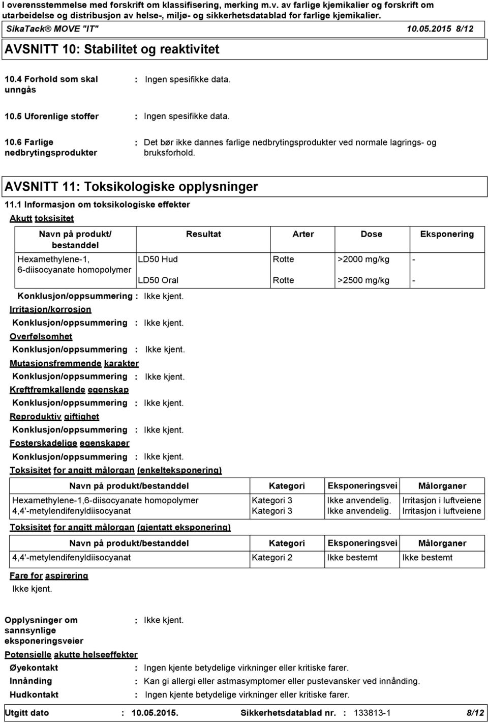 1 Informasjon om toksikologiske effekter Akutt toksisitet Navn på produkt/ bestanddel Hexamethylene-1, 6-diisocyanate homopolymer LD50 Hud LD50 Oral Resultat Arter Dose Eksponering Rotte >2000 mg/kg