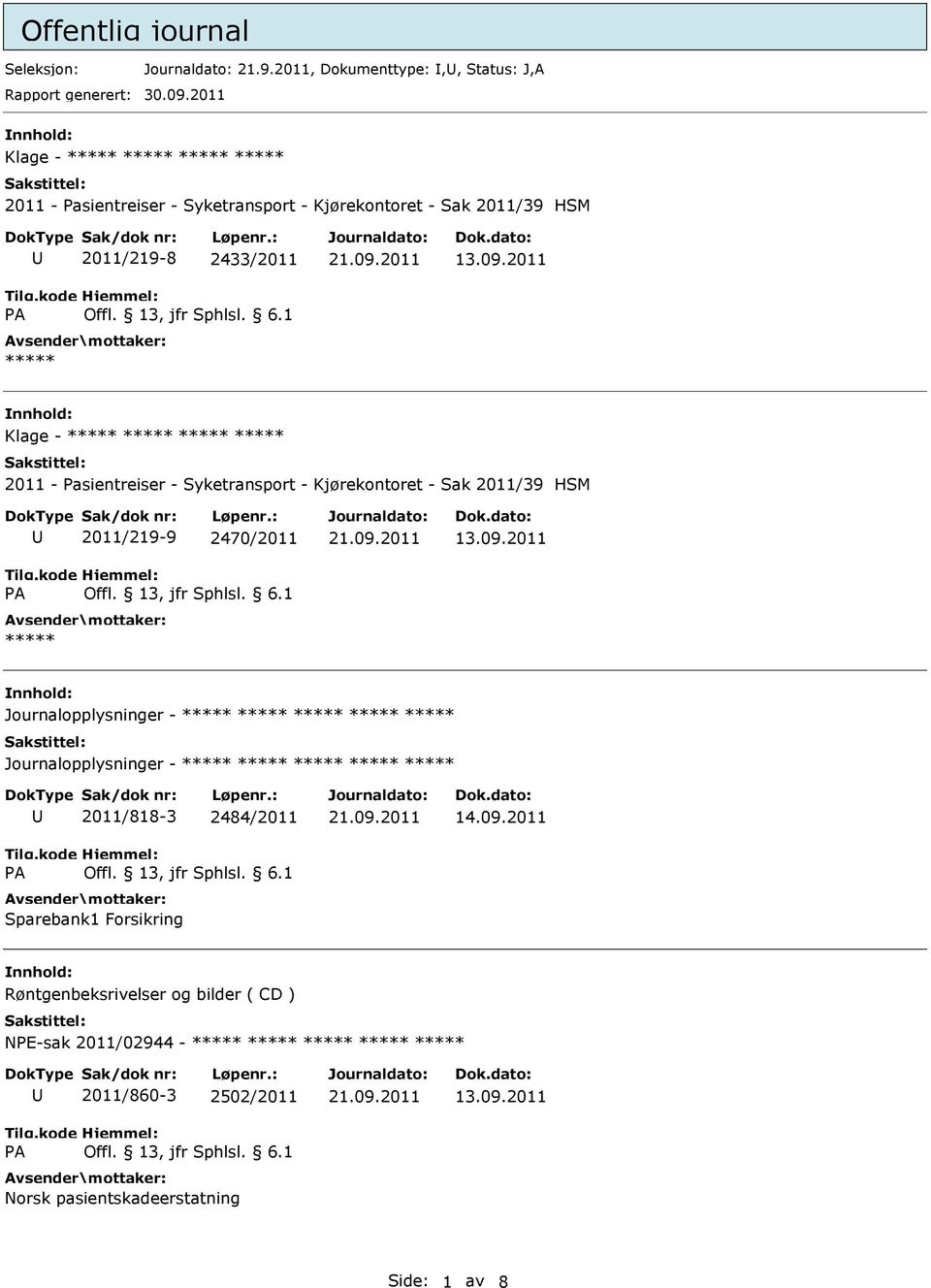 2011 - asientreiser - Syketransport - Kjørekontoret - Sak 2011/39 HSM 2011/219-9 2470/2011 ***** Journalopplysninger - ***** ***** ***** ***** *****