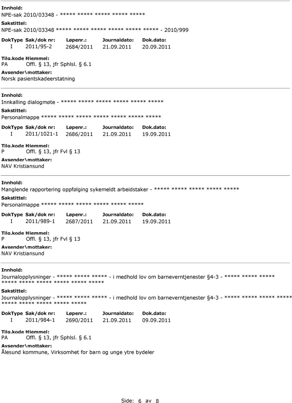 2011 Manglende rapportering oppfølging sykemeldt arbeidstaker - ***** ***** ***** ***** ***** ersonalmappe ***** ***** ***** ***** ***** ***** 2011/989-1 2687/2011 NAV Kristiansund 19.09.