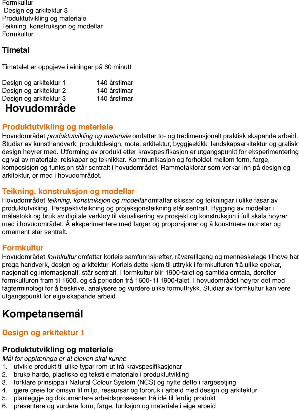 ! 140 årstimar 140 årstimar 140 årstimar Produktutvikling og materiale t produktutvikling og materiale omfattar to- og tredimensjonalt praktisk skapande arbeid.