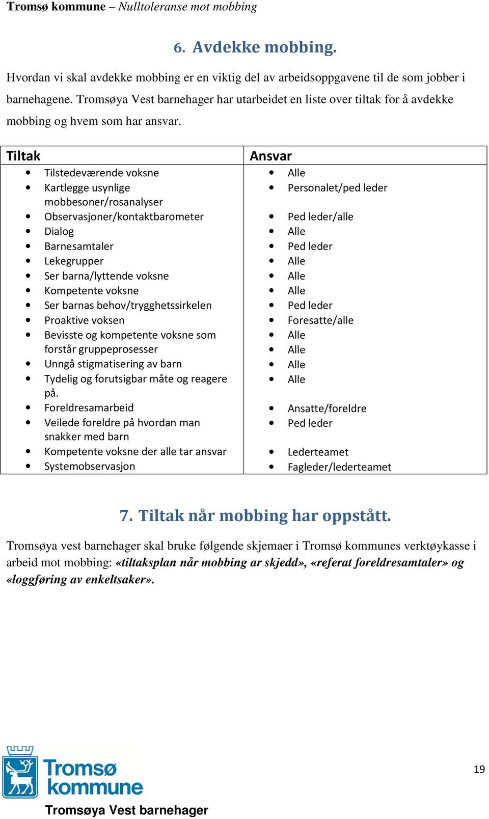 Tiltak Tilstedeværende voksne Kartlegge usynlige mobbesoner/rosanalyser Observasjoner/kontaktbarometer Dialog Barnesamtaler Lekegrupper Ser barna/lyttende voksne Kompetente voksne Ser barnas