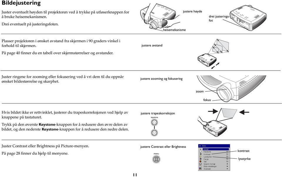 justere avstand På page 40 finner du en tabell over skjermstørrelser og avstander. Juster ringene for zooming eller fokusering ved å vri dem til du oppnår ønsket bildestørrelse og skarphet.