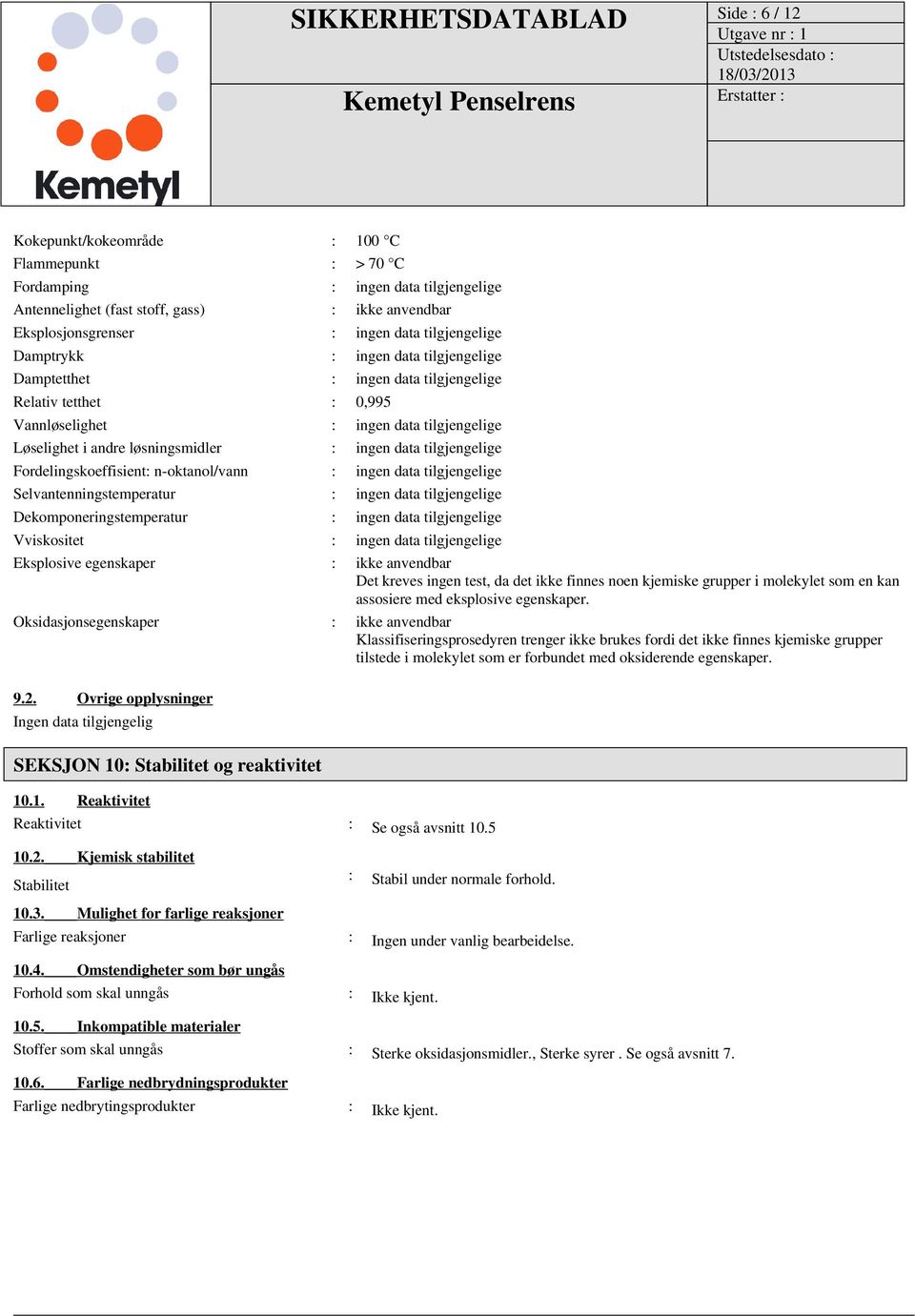 tilgjengelige Fordelingskoeffisient: n-oktanol/vann : ingen data tilgjengelige Selvantenningstemperatur : ingen data tilgjengelige Dekomponeringstemperatur : ingen data tilgjengelige Vviskositet :