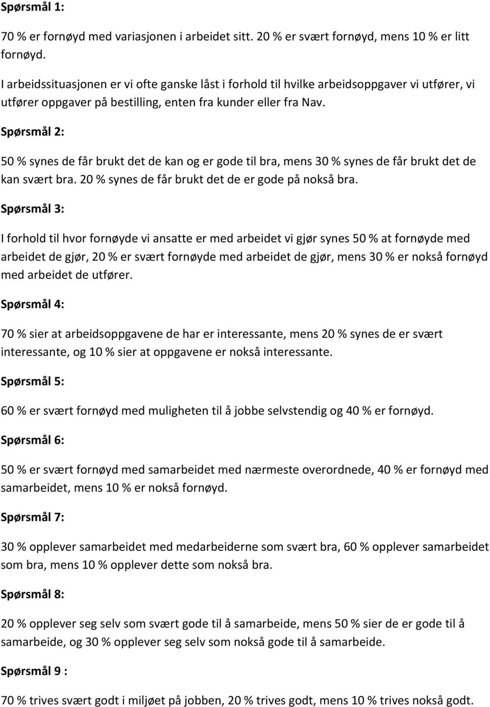 Spørsmål 2: 50 % synes de får brukt det de kan og er gode til bra, mens 30 % synes de får brukt det de kan svært bra. 20 % synes de får brukt det de er gode på nokså bra.