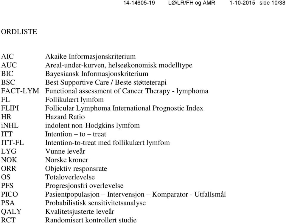 Ratio inhl indolent non-hodgkins lymfom ITT Intention to treat ITT-FL Intention-to-treat med follikulært lymfom LYG Vunne leveår NOK Norske kroner ORR Objektiv responsrate OS