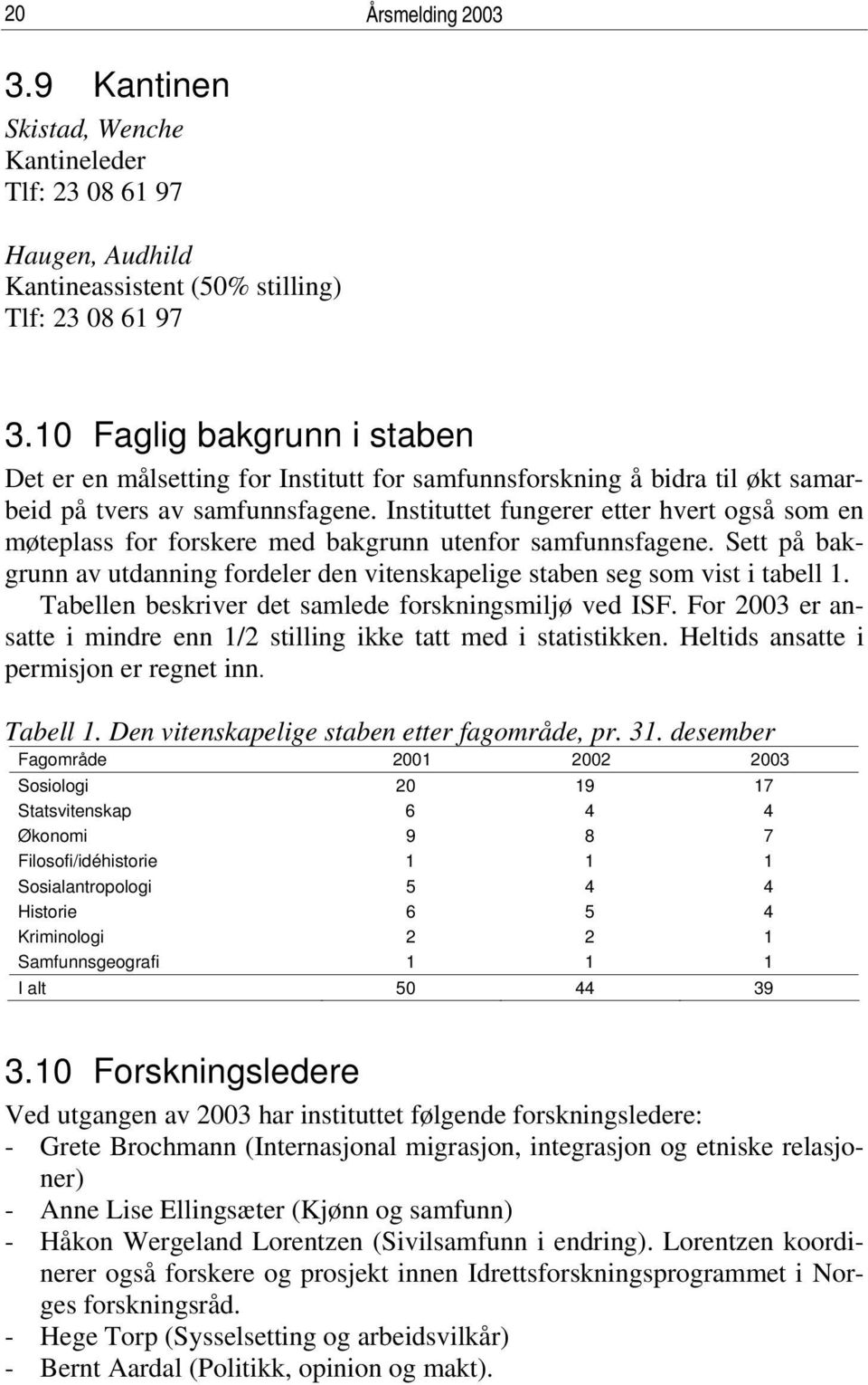 Instituttet fungerer etter hvert også som en møteplass for forskere med bakgrunn utenfor samfunnsfagene. Sett på bakgrunn av utdanning fordeler den vitenskapelige staben seg som vist i tabell 1.