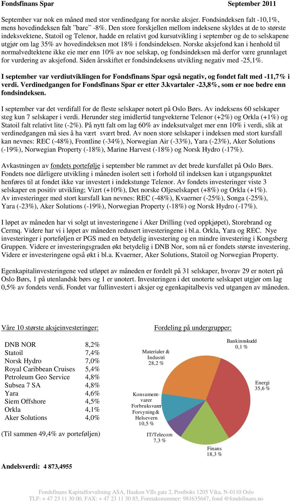 hovedindeksen mot 18% i fondsindeksen. Norske aksjefond kan i henhold til normalvedtektene ikke eie mer enn 10% av noe selskap, og fondsindeksen må derfor være grunnlaget for vurdering av aksjefond.