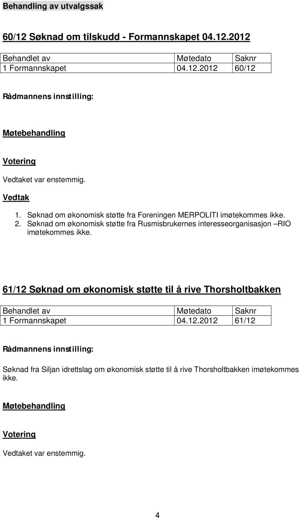 Søknad om økonomisk støtte fra Rusmisbrukernes interesseorganisasjon RIO imøtekommes ikke.