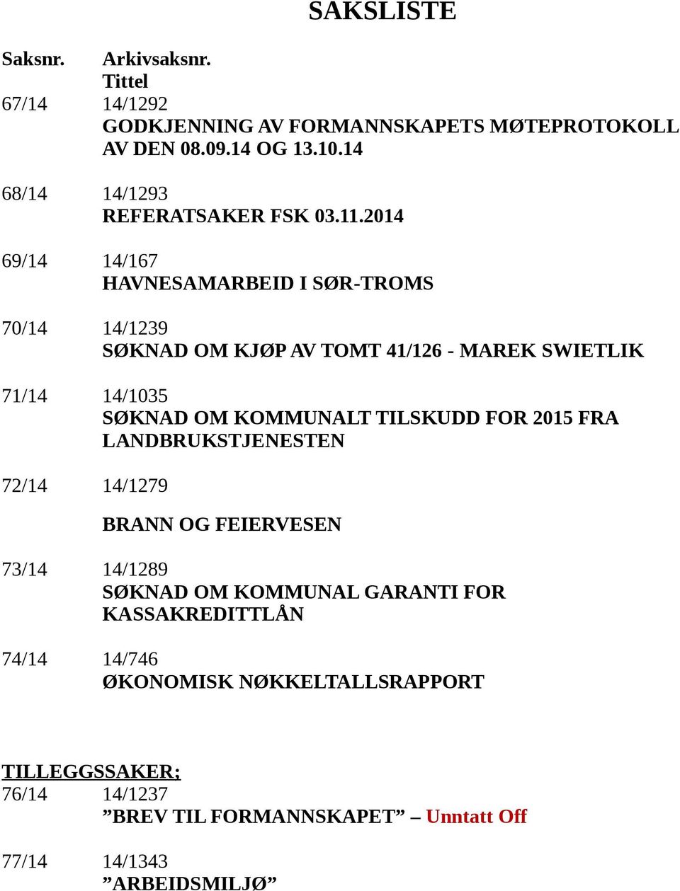 2014 69/14 14/167 HAVNESAMARBEID I SØR-TROMS 70/14 14/1239 SØKNAD OM KJØP AV TOMT 41/126 - MAREK SWIETLIK 71/14 14/1035 SØKNAD OM KOMMUNALT