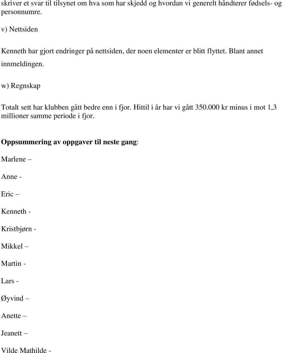 w) Regnskap Totalt sett har klubben gått bedre enn i fjor. Hittil i år har vi gått 350.