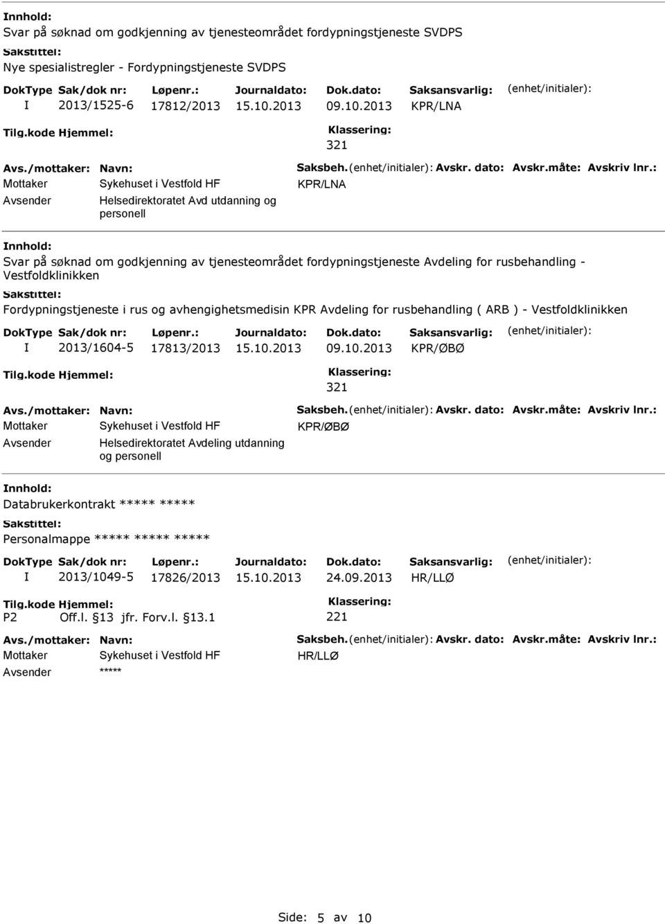 Vestfoldklinikken Fordypningstjeneste i rus og avhengighetsmedisin KPR Avdeling for rusbehandling ( ARB ) - Vestfoldklinikken 2013/1604-5 17813/2013 09.10.