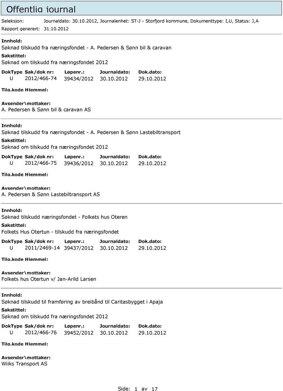 Pedersen & Sønn Lastebiltransport Søknad om tilskudd fra næringsfondet 2012 2012/466-75 39436/2012 A.