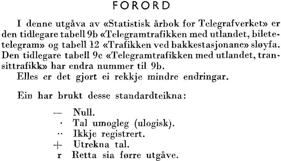 Den tidlegare tabell 9e «Telegramtrafikken med utlandet, transittrafikk» har endra nummer til 9b.