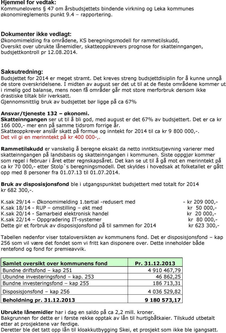 2014. Saksutredning: Budsjettet for 2014 er meget stramt. Det kreves streng budsjettdisiplin for å kunne unngå de store overskridelsene.