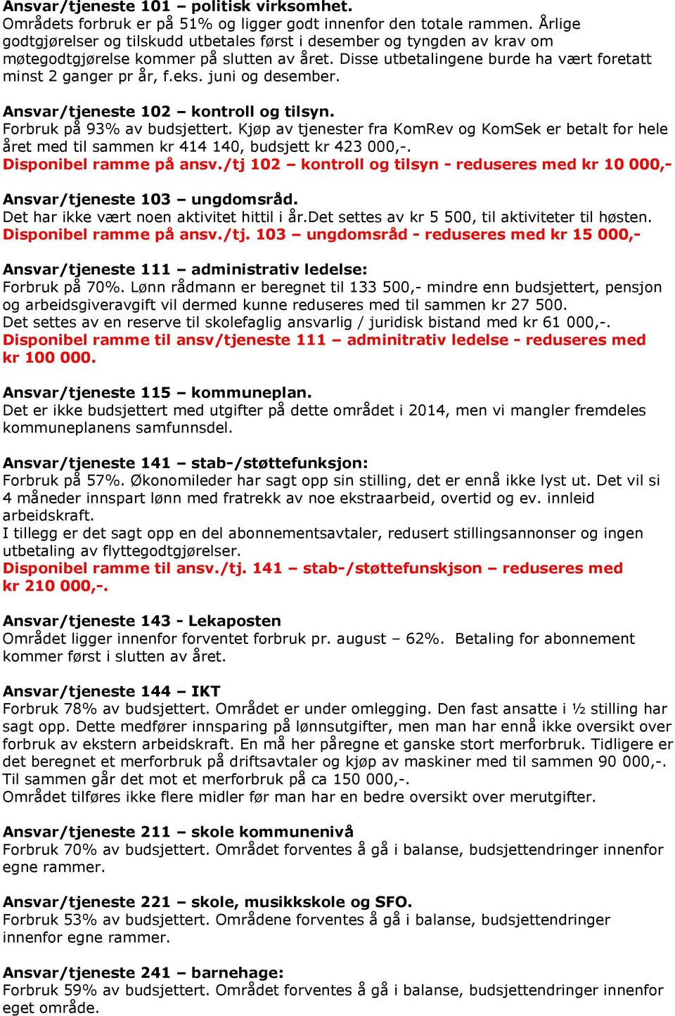 juni og desember. Ansvar/tjeneste 102 kontroll og tilsyn. Forbruk på 93% av budsjettert.