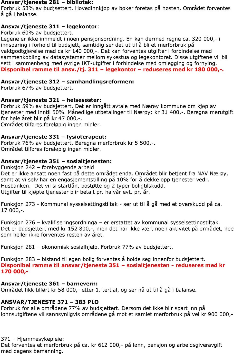 320 000,- i innsparing i forhold til budsjett, samtidig ser det ut til å bli et merforbruk på vaktgodtgjørelse med ca kr 140 000,-.