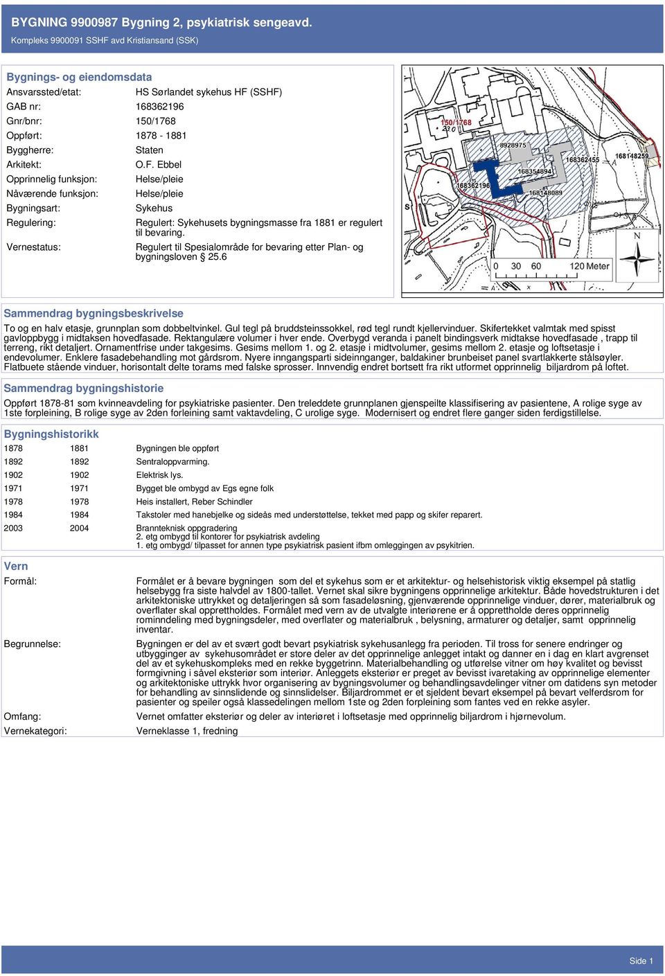 HS Sørlandet sykehus HF (SSHF) Staten O.F. Ebbel Helse/pleie Helse/pleie Sykehus Regulert: Sykehusets bygningsmasse fra 1881 er regulert til bevaring.