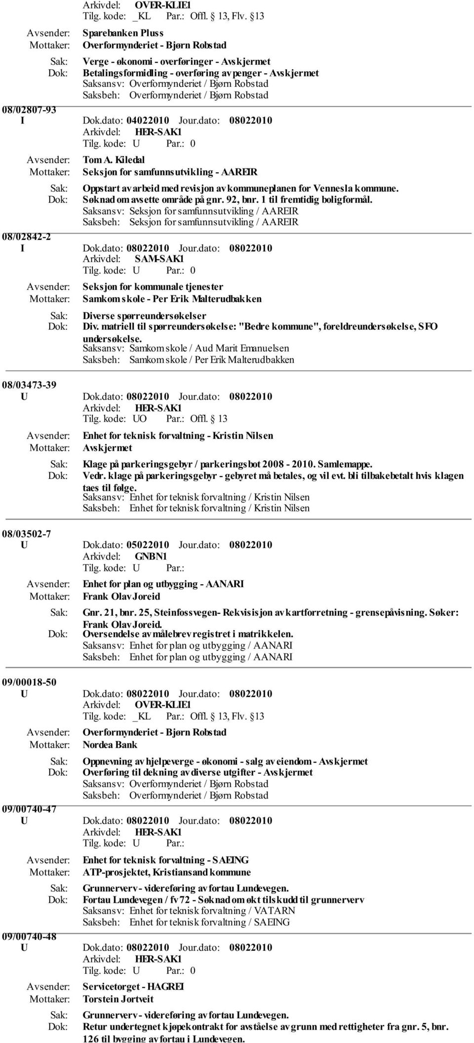 Overformynderiet / Bjørn Robstad 08/02807-93 I Dok.dato: 04022010 Jour.dato: Tom A.