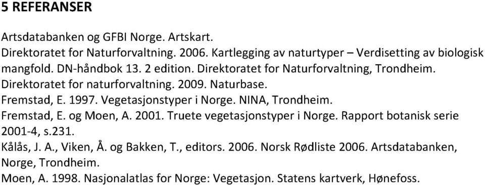 Vegetasjonstyperi Norge.NINA,Trondheim. Fremstad,E.og Moen, A. 2001.Truetevegetasjonstyperi Norge.Rapportbotaniskserie 2001 4, s.231. Kålås,J.A.,Viken,Å.