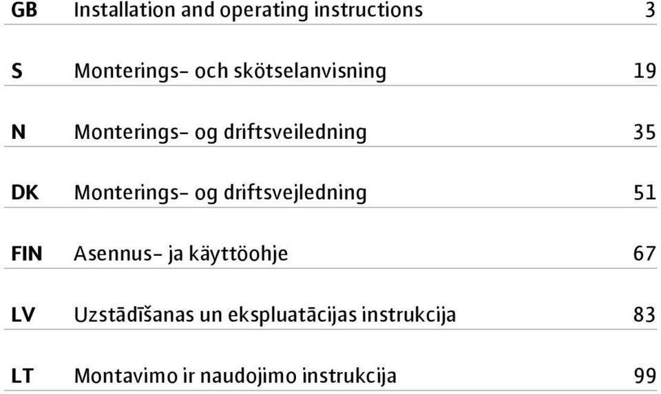 Monterings- og driftsvejledning 51 FIN Asennus- ja käyttöohje 67 LV