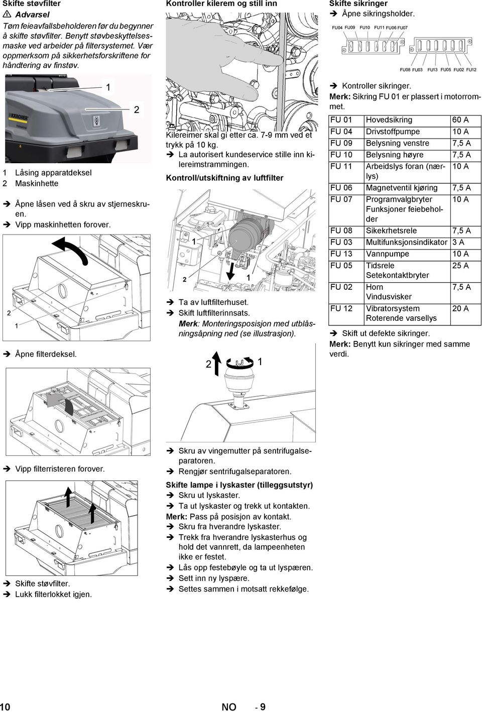 Kontroller kilerem og still inn Kilereimer skal gi etter ca. 7-9 mm ved et trykk på 10 kg. La autorisert kundeservice stille inn kilereimstrammingen.