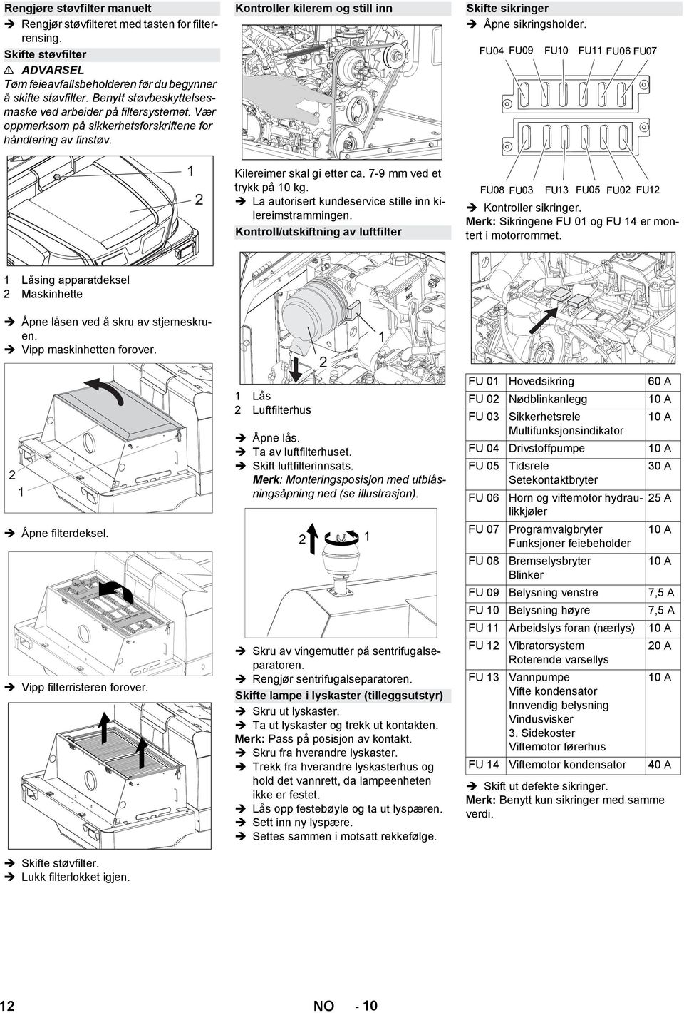 7-9 mm ved et trykk på 10 kg. La autorisert kundeservice stille inn kilereimstrammingen. Kontroll/utskiftning av luftfilter Skifte sikringer Åpne sikringsholder. Kontroller sikringer.