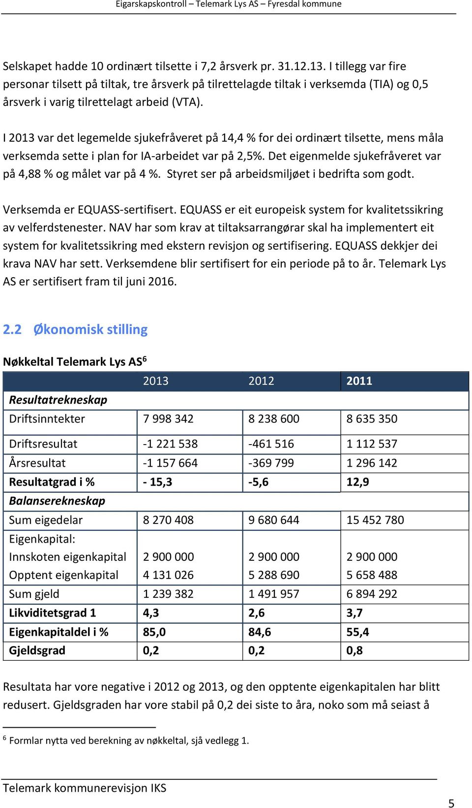 I 2013 var det legemelde sjukefråveret på 14,4 % for dei ordinært tilsette, mens måla verksemda sette i plan for IA-arbeidet var på 2,5%.