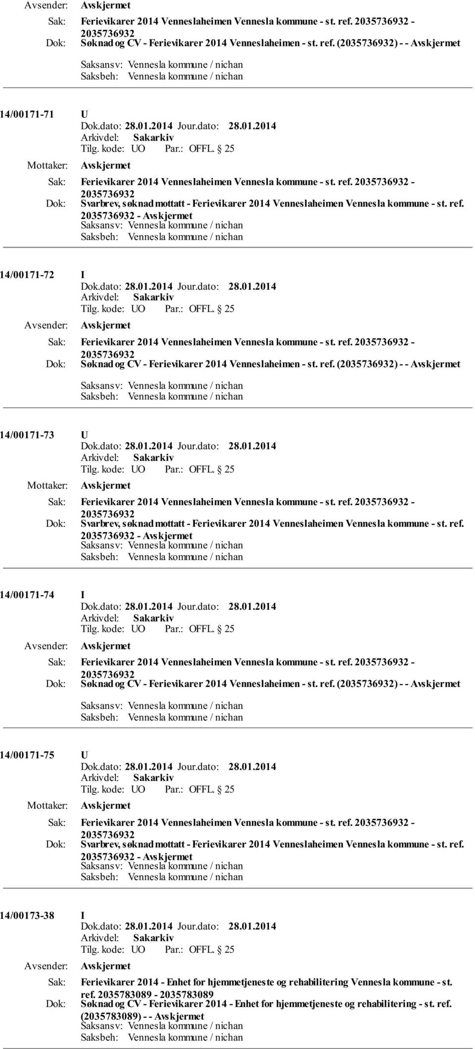 ref. (2035736932) - - 14/00171-73 U Ferievikarer 2014 Venneslaheimen Vennesla kommune - st. ref.