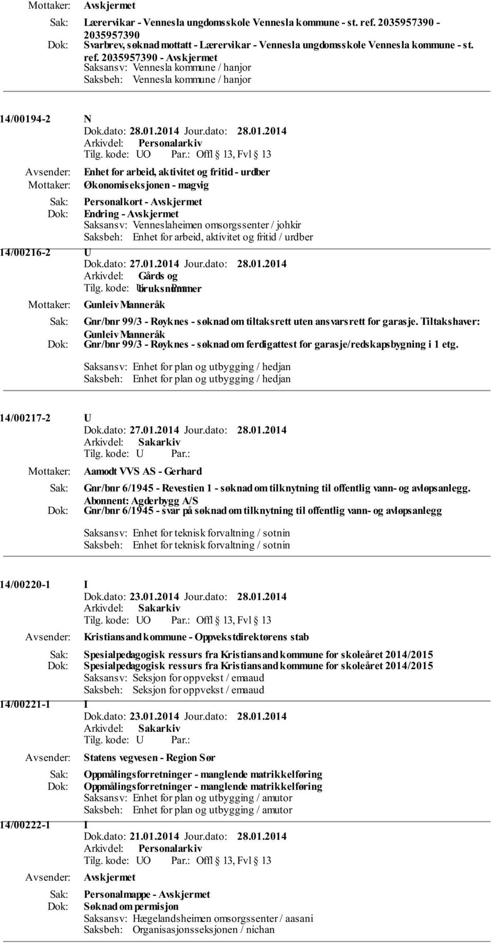 Økonomiseksjonen - magvig Personalkort - Endring - Saksansv: Venneslaheimen omsorgssenter / johkir Saksbeh: Enhet for arbeid, aktivitet og fritid / urdber 14/00216-2 U Gunleiv Manneråk Gnr/bnr 99/3 -