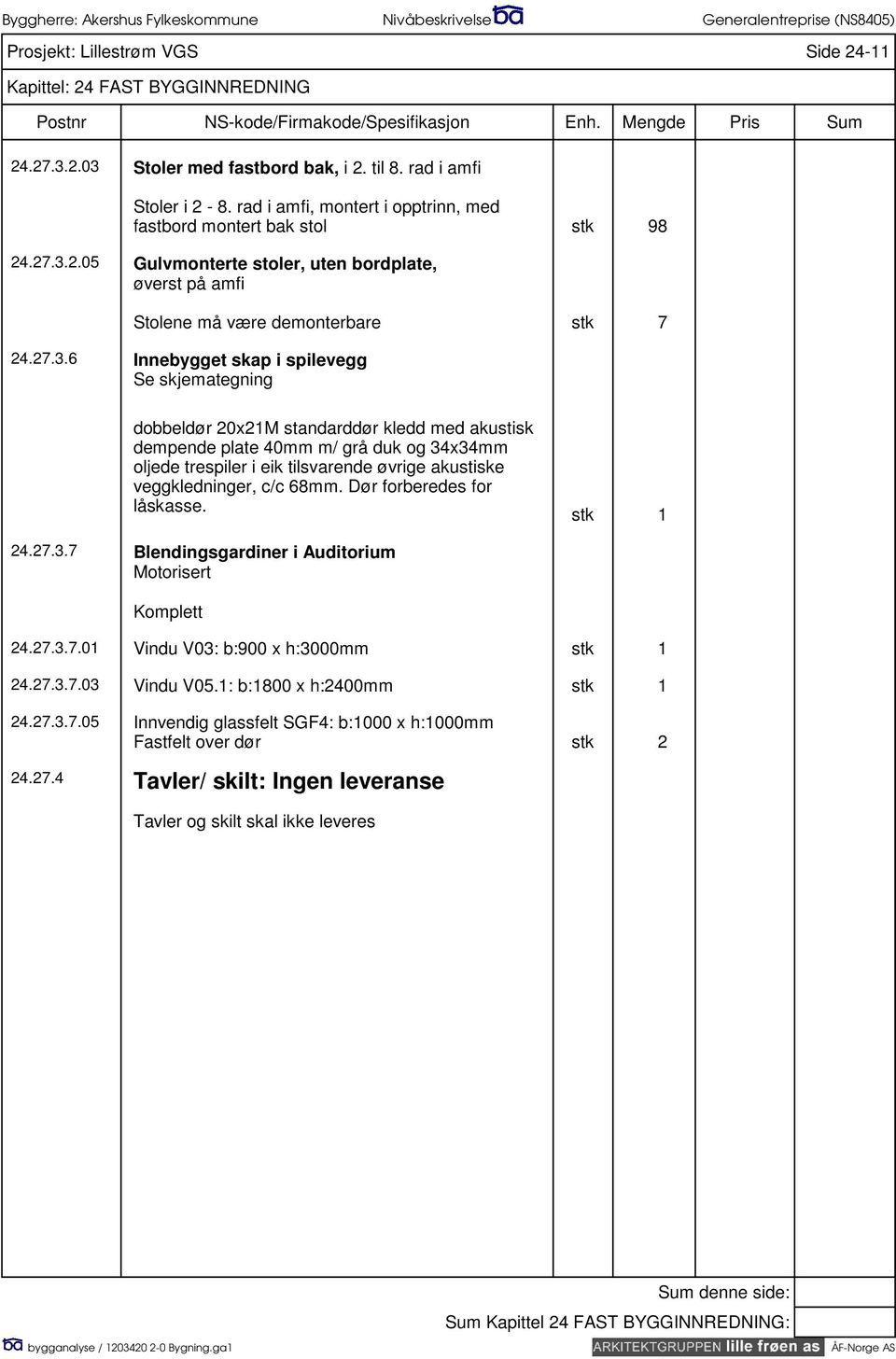 veggkledninger, c/c 68mm. Dør forberedes for låskasse. stk 1 24.27.3.7 Blendingsgardiner i Auditorium Motorisert Komplett 24.27.3.7.01 Vindu V03: b:900 x h:3000mm stk 1 24.27.3.7.03 Vindu V05.