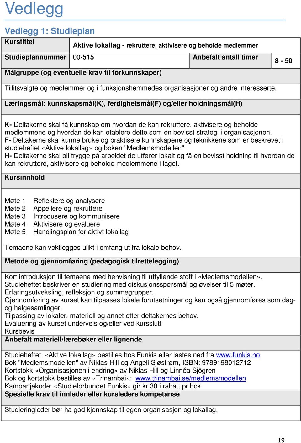 Læringsmål: kunnskapsmål(k), ferdighetsmål(f) og/eller holdningsmål(h) K- Deltakerne skal få kunnskap om hvordan de kan rekruttere, aktivisere og beholde medlemmene og hvordan de kan etablere dette