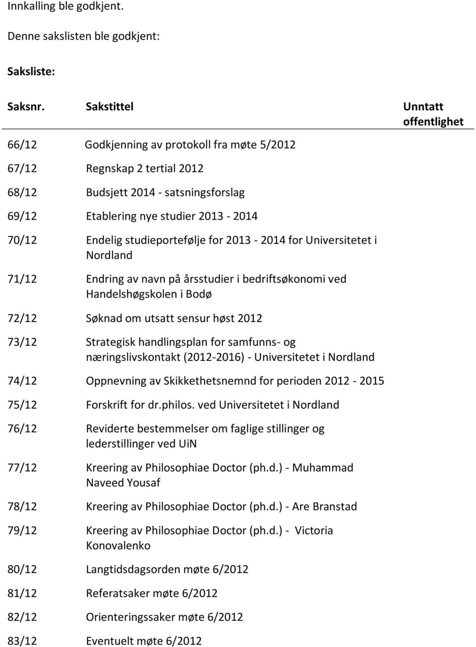 Endelig studieportefølje for 2013-2014 for Universitetet i Nordland 71/12 Endring av navn på årsstudier i bedriftsøkonomi ved Handelshøgskolen i Bodø 72/12 Søknad om utsatt sensur høst 2012 73/12