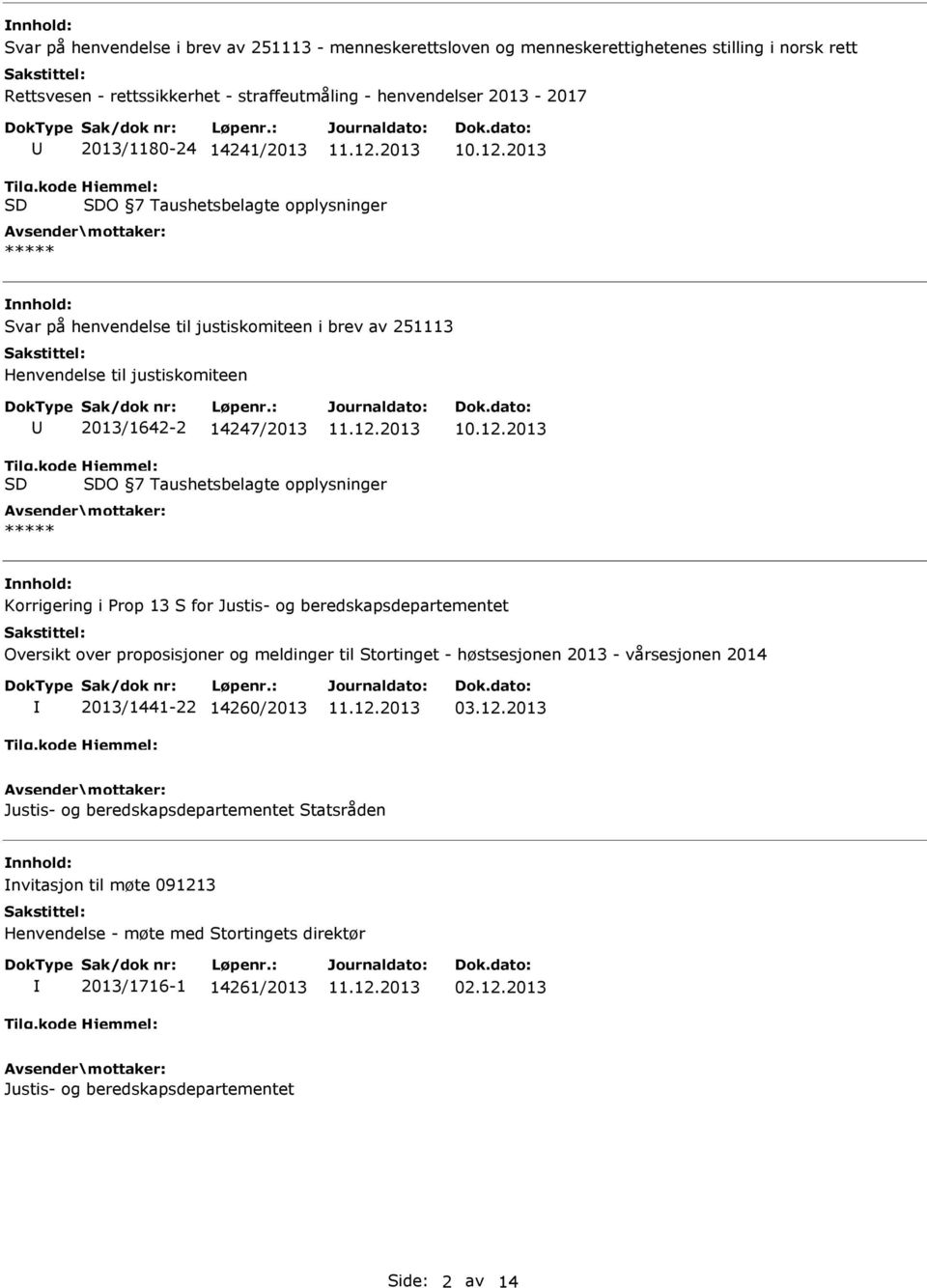 ***** Korrigering i Prop 13 S for Justis- og beredskapsdepartementet Oversikt over proposisjoner og meldinger til Stortinget - høstsesjonen 2013 - vårsesjonen 2014 2013/1441-22 14260/2013 03.12.