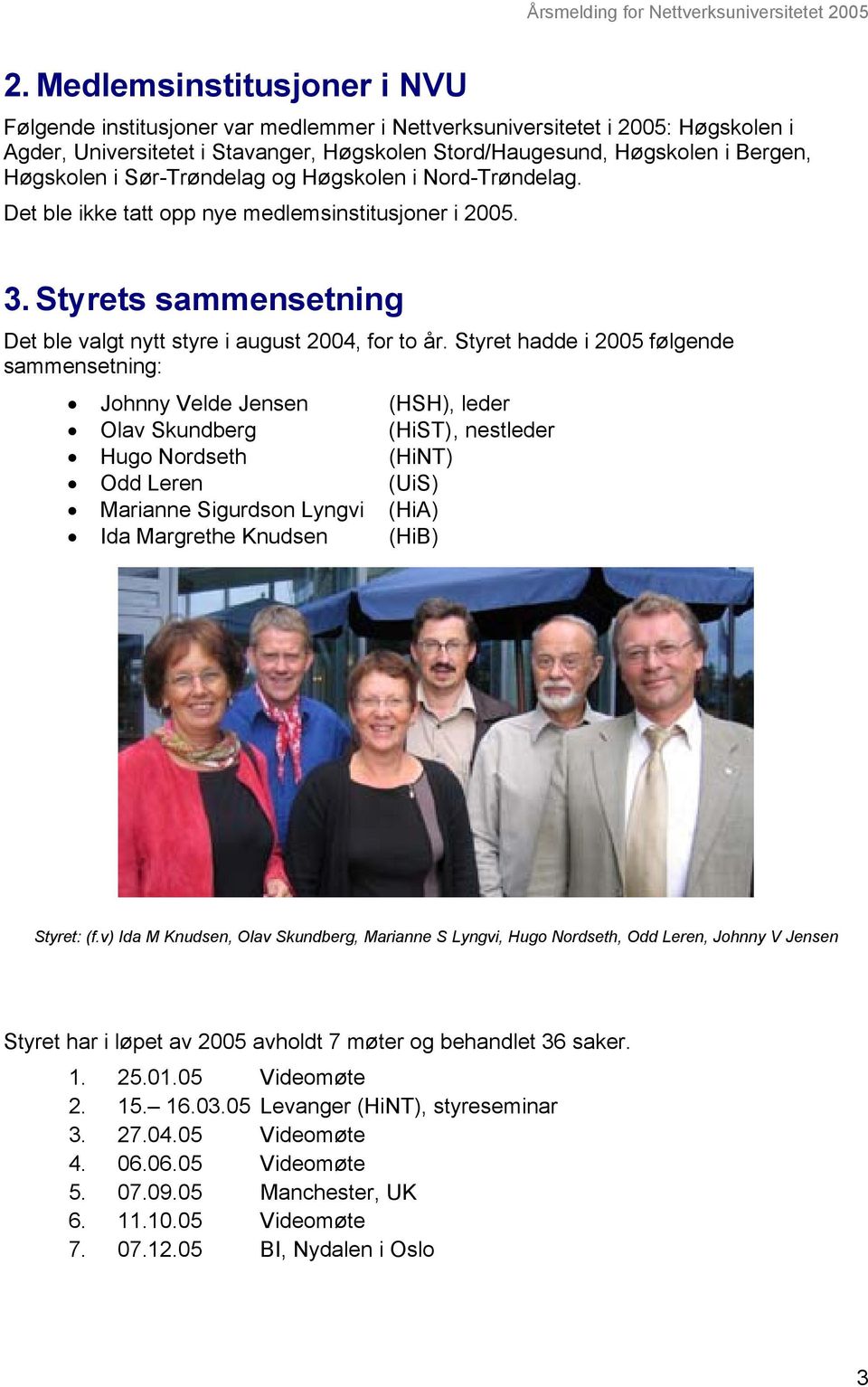 Styret hadde i 2005 følgende sammensetning: Johnny Velde Jensen (HSH), leder Olav Skundberg (HiST), nestleder Hugo Nordseth (HiNT) Odd Leren (UiS) Marianne Sigurdson Lyngvi (HiA) Ida Margrethe