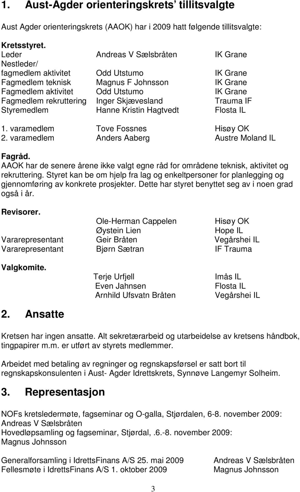 Inger Skjævesland Trauma IF Styremedlem Hanne Kristin Hagtvedt Flosta IL 1. varamedlem Tove Fossnes Hisøy OK 2. varamedlem Anders Aaberg Austre Moland IL Fagråd.