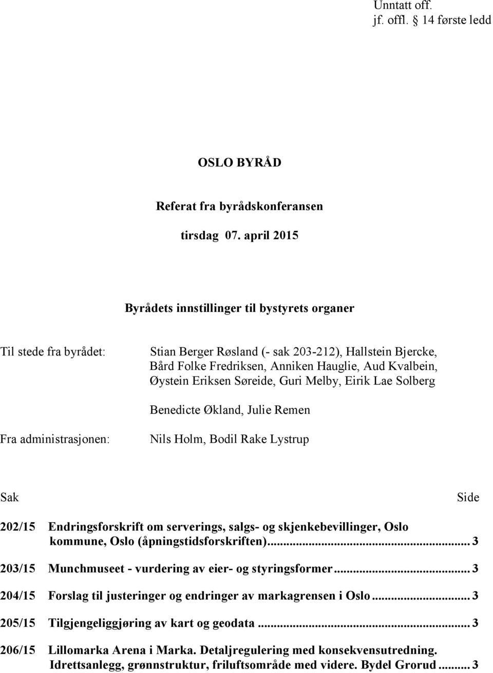 Eriksen Søreide, Guri Melby, Eirik Lae Solberg Benedicte Økland, Julie Remen Fra administrasjonen: Nils Holm, Bodil Rake Lystrup Sak Side 202/15 Endringsforskrift om serverings, salgs- og