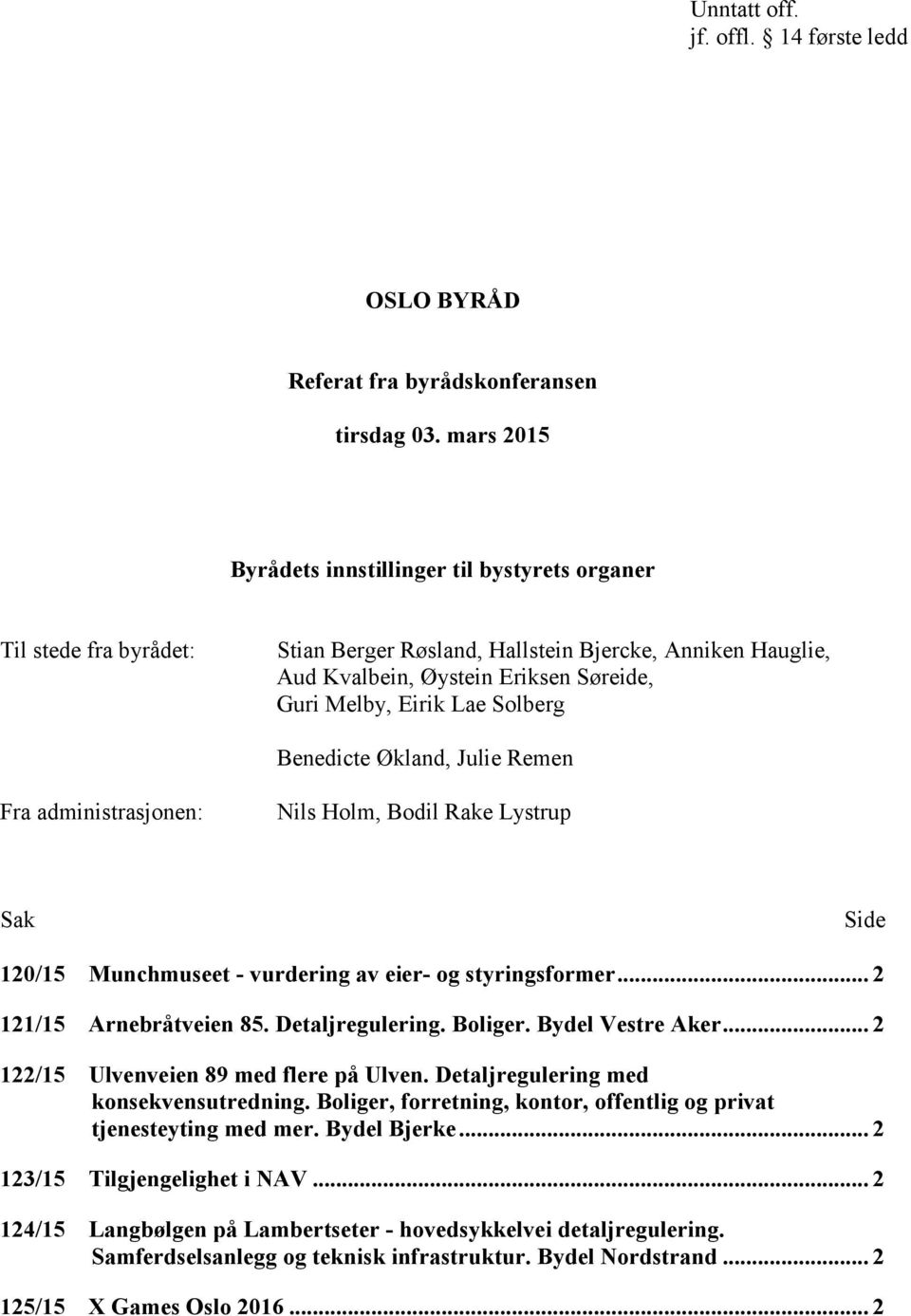 Solberg Benedicte Økland, Julie Remen Fra administrasjonen: Nils Holm, Bodil Rake Lystrup Sak Side 120/15 Munchmuseet - vurdering av eier- og styringsformer... 2 121/15 Arnebråtveien 85.
