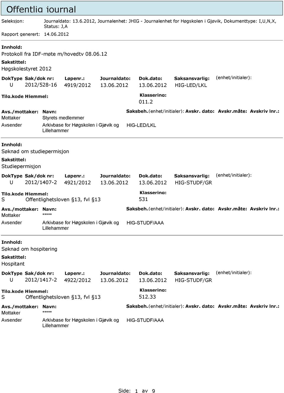 måte: Avskriv lnr.: Mottaker tyrets medlemmer HG-LED/LKL nnhold: øknad om studiepermisjon tudiepermisjon 2012/1407-2 4921/2012 531 Avs./mottaker: Navn: aksbeh. Avskr. dato: Avskr.