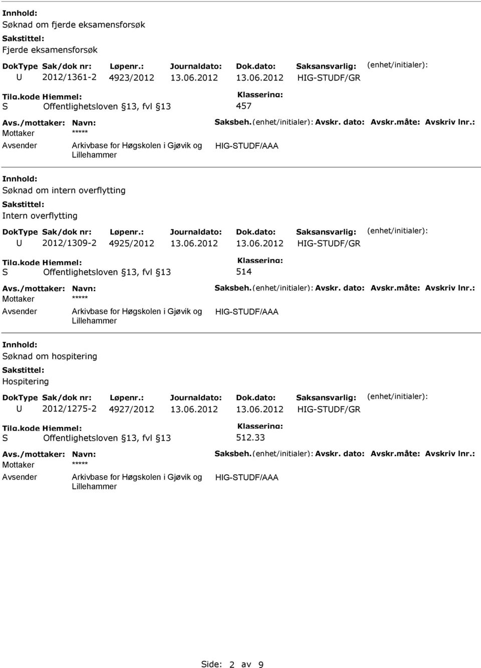 : HG-TDF/AAA nnhold: øknad om intern overflytting ntern overflytting 2012/1309-2 4925/2012 514 Avs.