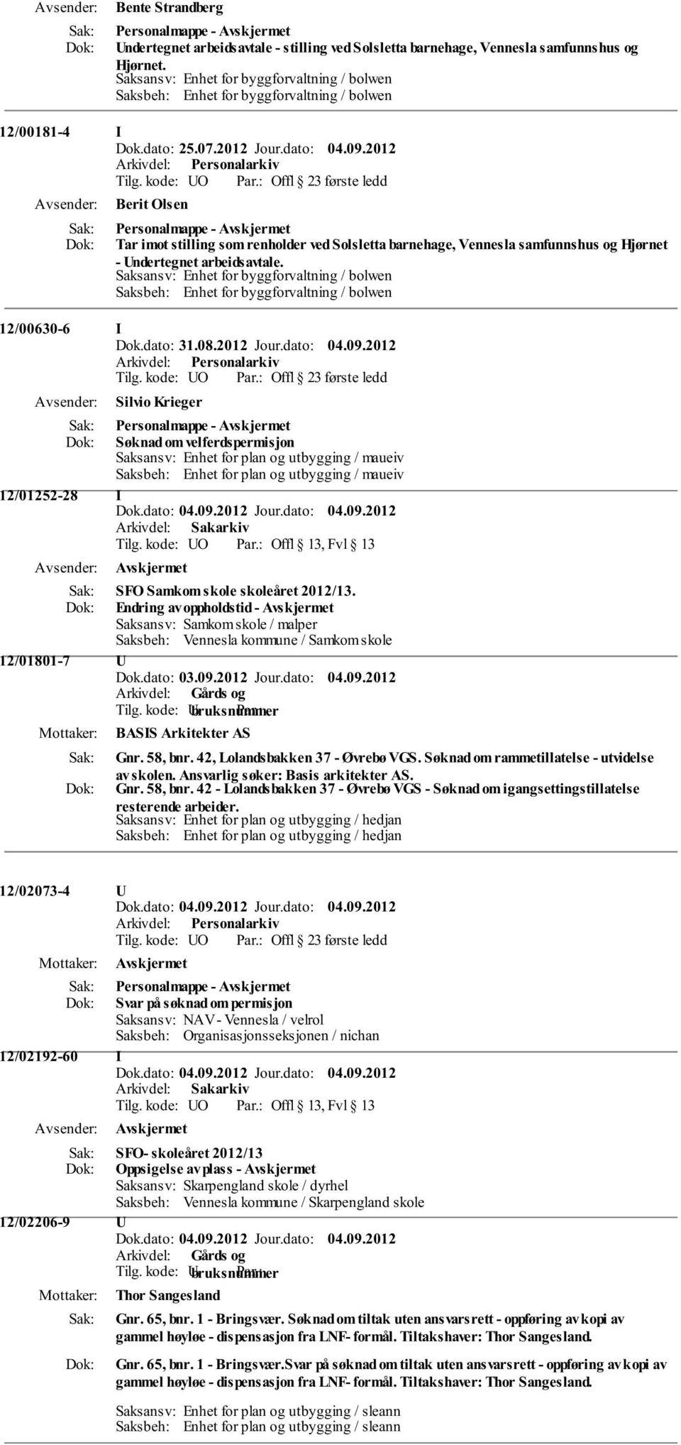 kode: UO Offl 23 første ledd Berit Olsen Tar imot stilling som renholder ved Solsletta barnehage, Vennesla samfunnshus og Hjørnet - Undertegnet arbeidsavtale.