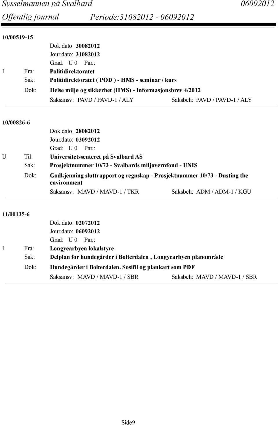 dato: 28082012 U Til: Universitetssenteret på Svalbard AS Sak: Prosjektnummer 10/73 - Svalbards miljøvernfond - UNIS Dok: Godkjenning sluttrapport og regnskap - Prosjektnummer 10/73 -