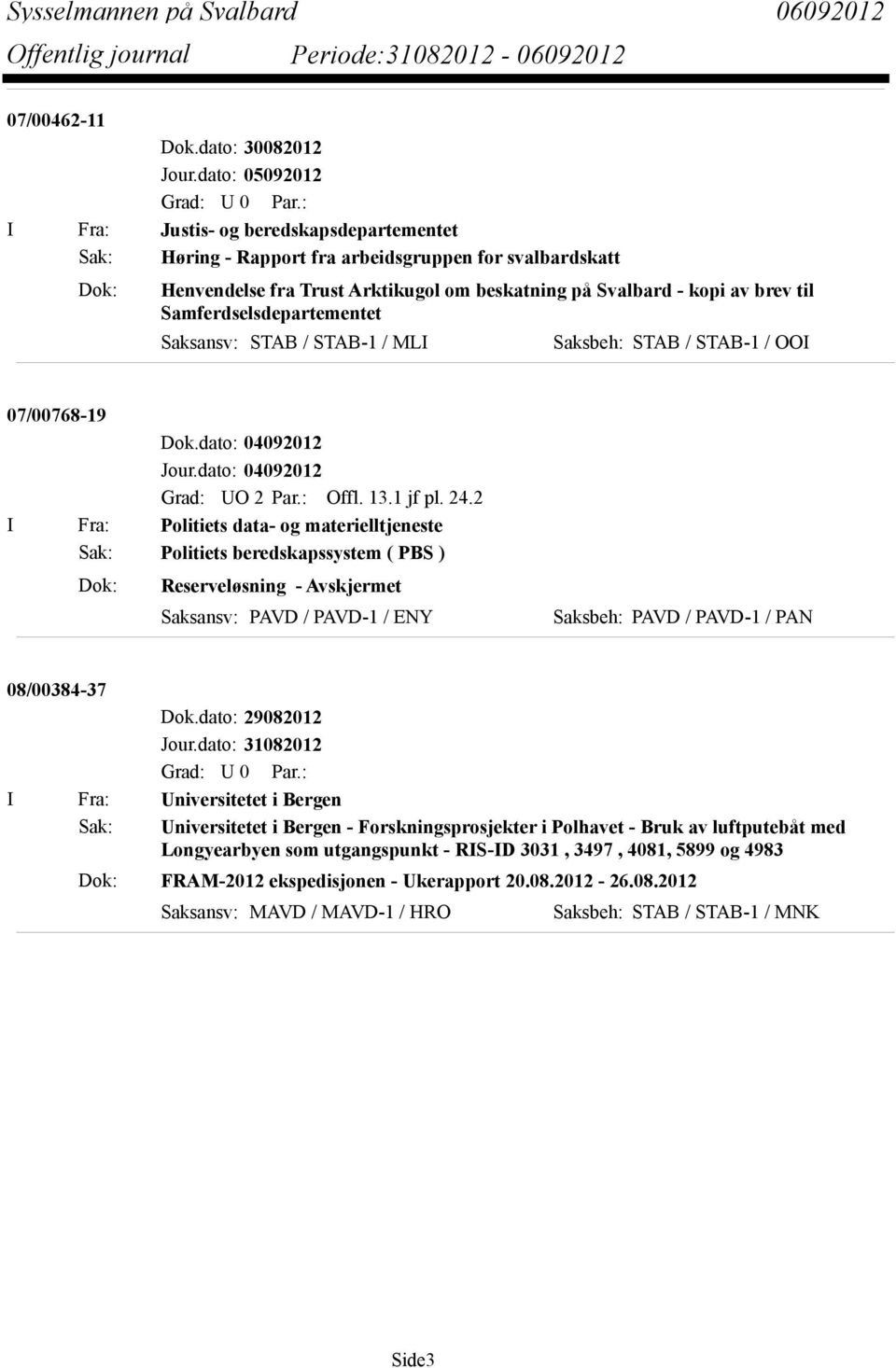 Samferdselsdepartementet Saksansv: STAB / STAB-1 / MLI Saksbeh: STAB / STAB-1 / OOI 07/00768-19 Dok.dato: 04092012 Jour.dato: 04092012 Grad: UO 2 Par.: Offl. 13.1 jf pl. 24.