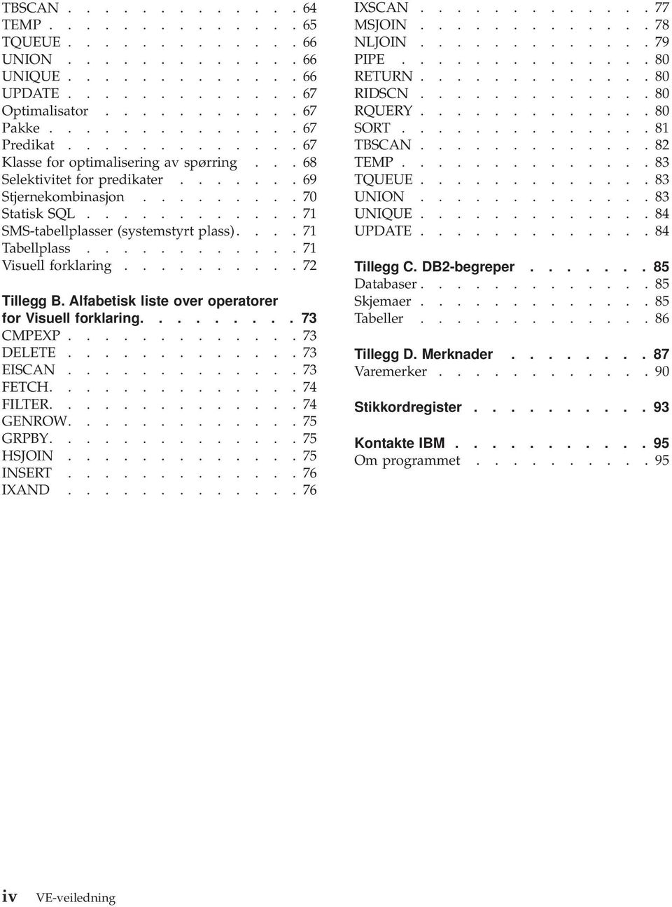 ... 71 Tabellplass............ 71 Visuell forklaring.......... 72 Tillegg B. Alfabetisk liste over operatorer for Visuell forklaring......... 73 CMPEXP............. 73 DELETE............. 73 EISCAN.