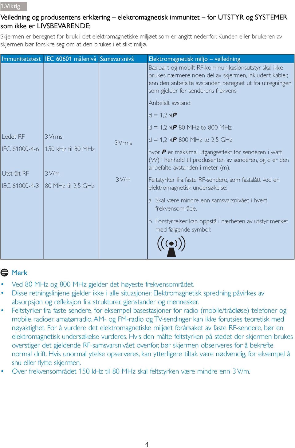 Immunitetstest IEC 60601 målenivå Samsvarsnivå Ledet RF 3 Vrms IEC 61000-4-6 150 khz til 80 MHz 3 Vrms Utstrålt RF 3 V/m IEC 61000-4-3 80 MHz til 2,5 GHz 3 V/m Elektromagnetisk miljø veiledning