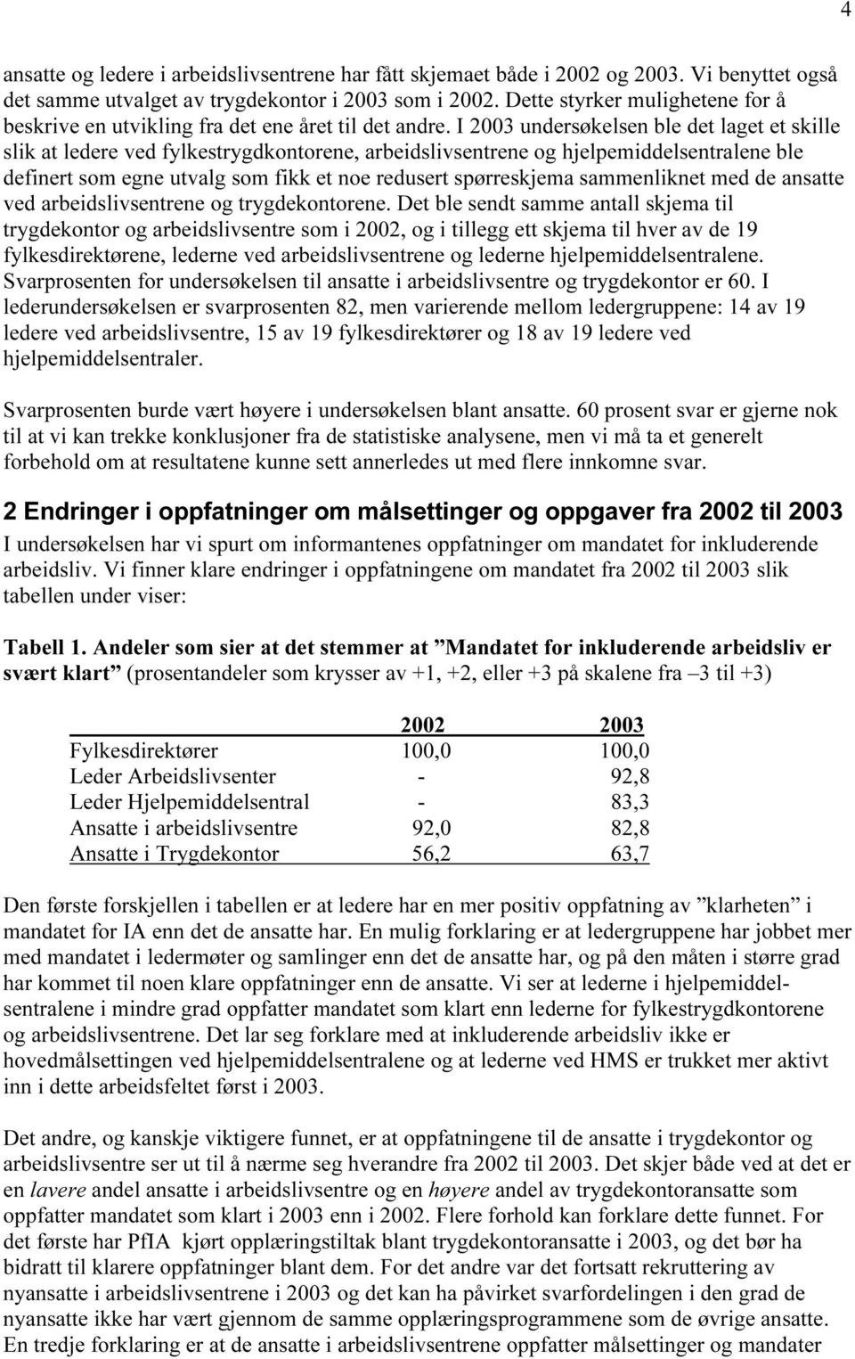 I 2003 undersøkelsen ble det laget et skille slik at ledere ved fylkestrygdkontorene, arbeidslivsentrene og hjelpemiddelsentralene ble definert som egne utvalg som fikk et noe redusert spørreskjema