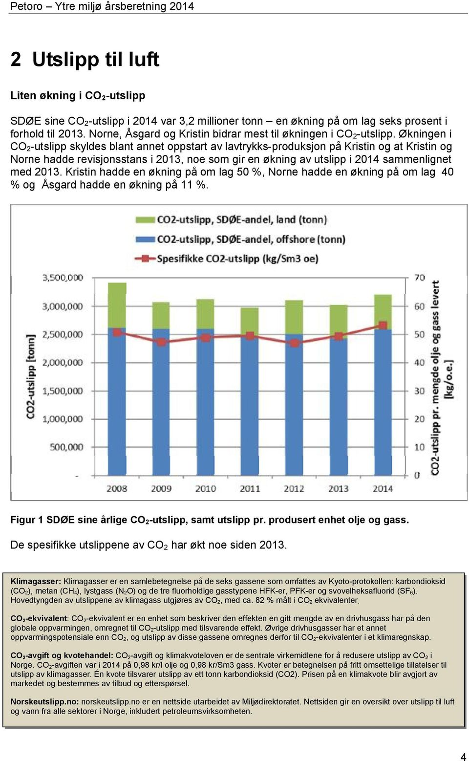 Økningen i CO 2-utslipp skyldes blant annet oppstart av lavtrykks-produksjon på Kristin og at Kristin og Norne hadde revisjonsstans i 2013, noe som gir en økning av utslipp i 2014 sammenlignet med