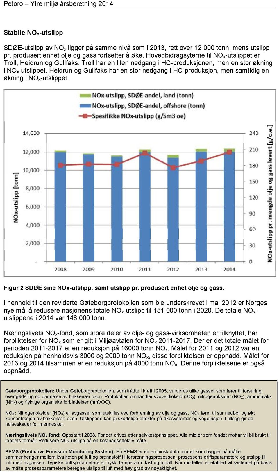 Heidrun og Gullfaks har en stor nedgang i HC-produksjon, men samtidig en økning i NO x-utslippet. Figur 2 SDØE sine NOx-utslipp, samt utslipp pr. produsert enhet olje og gass.