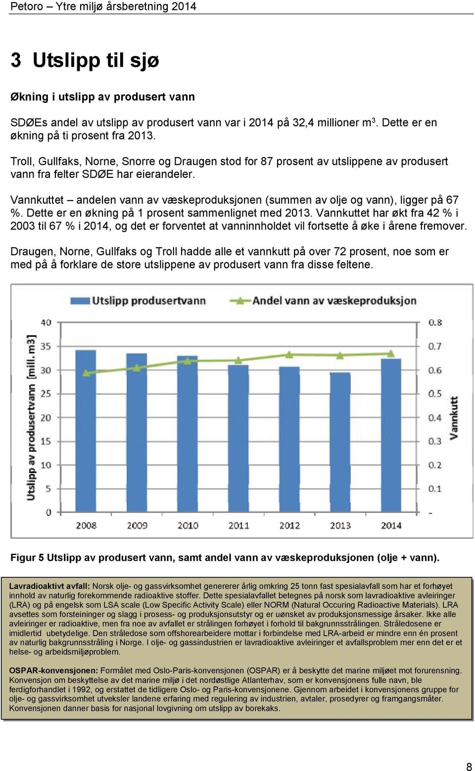 Vannkuttet andelen vann av væskeproduksjonen (summen av olje og vann), ligger på 67 %. Dette er en økning på 1 prosent sammenlignet med 2013.