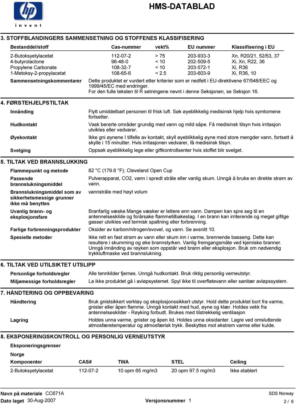 5 203-603-9 Xi, R36, 10 Sammensetningskommentarer Dette produktet er vurdert etter kriterier som er nedfelt i EU-direktivene 67/548/EEC og 1999/45/EC med endringer.