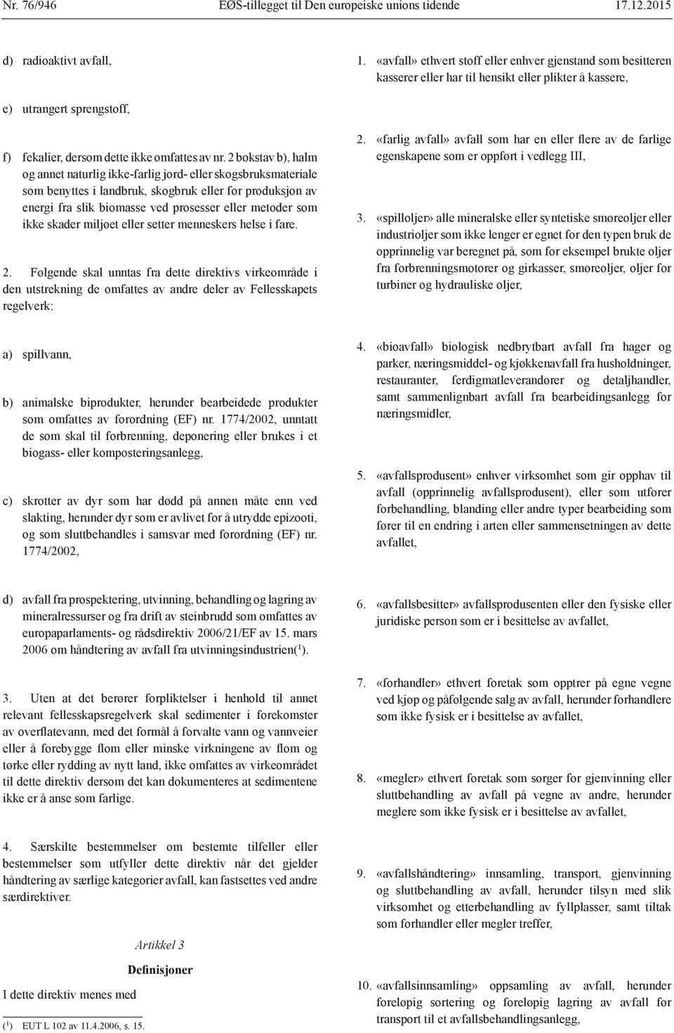 2 bokstav b), halm og annet naturlig ikke-farlig jord- eller skogsbruksmateriale som benyttes i landbruk, skogbruk eller for produksjon av energi fra slik biomasse ved prosesser eller metoder som